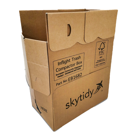 The skytidy® Safran box, viewed from the side. The cardboard box is printed with the skytidy® logo, the FSC® logo, and other relevant information.