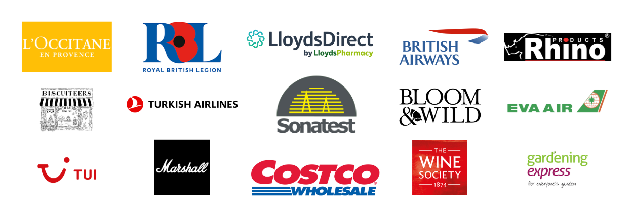 Customer company logos. Top row left to right: L'Occitane, Royal British Legion, LloydsDirect, British Airways, Rhino Products. Middle row left to right: Biscuiteers, Turkish Airlines, Sonatest, Bloom and Wild, EVA Air. Bottom row left to right: TUI, Marshall Amplification, Costco, The Wine Society, Gardening Express.